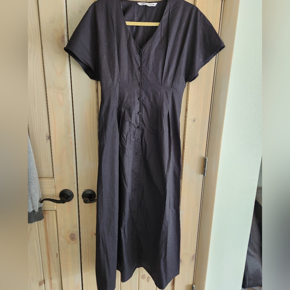 Zara 100% Cotton Black Button Up Maxi Dress Size M